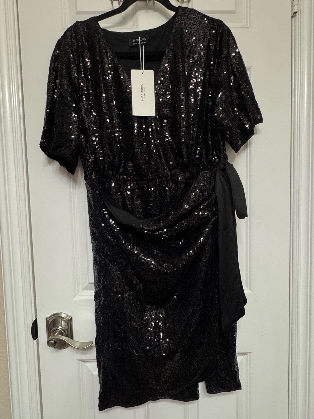 Black Sequin Wrap-Style Dress by Bloomchic US 14-16